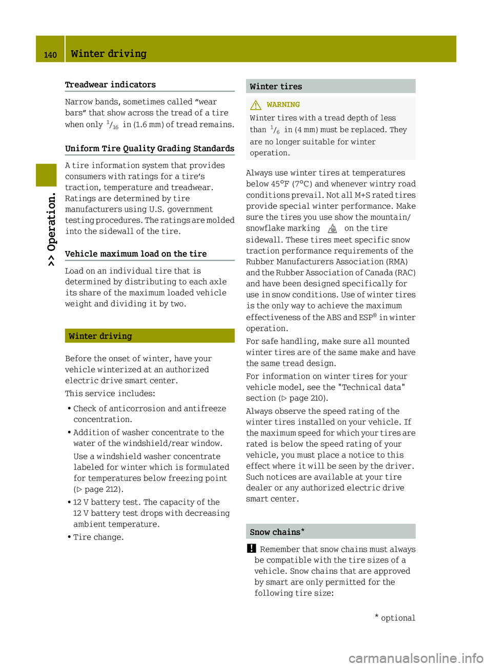 SMART FORTWO COUPE ELECTRIC DRIVE 2013 Owners Manual Treadwear indicators
Narrow bands, sometimes called “wear
bars” that show across the tread of a tire
when only 1
/ 16 in (1.6 mm) of tread remains.
Uniform Tire Quality Grading Standards A tire in SMART FORTWO COUPE ELECTRIC DRIVE 2013 Owners Manual Treadwear indicators
Narrow bands, sometimes called “wear
bars” that show across the tread of a tire
when only 1
/ 16 in (1.6 mm) of tread remains.
Uniform Tire Quality Grading Standards A tire in
