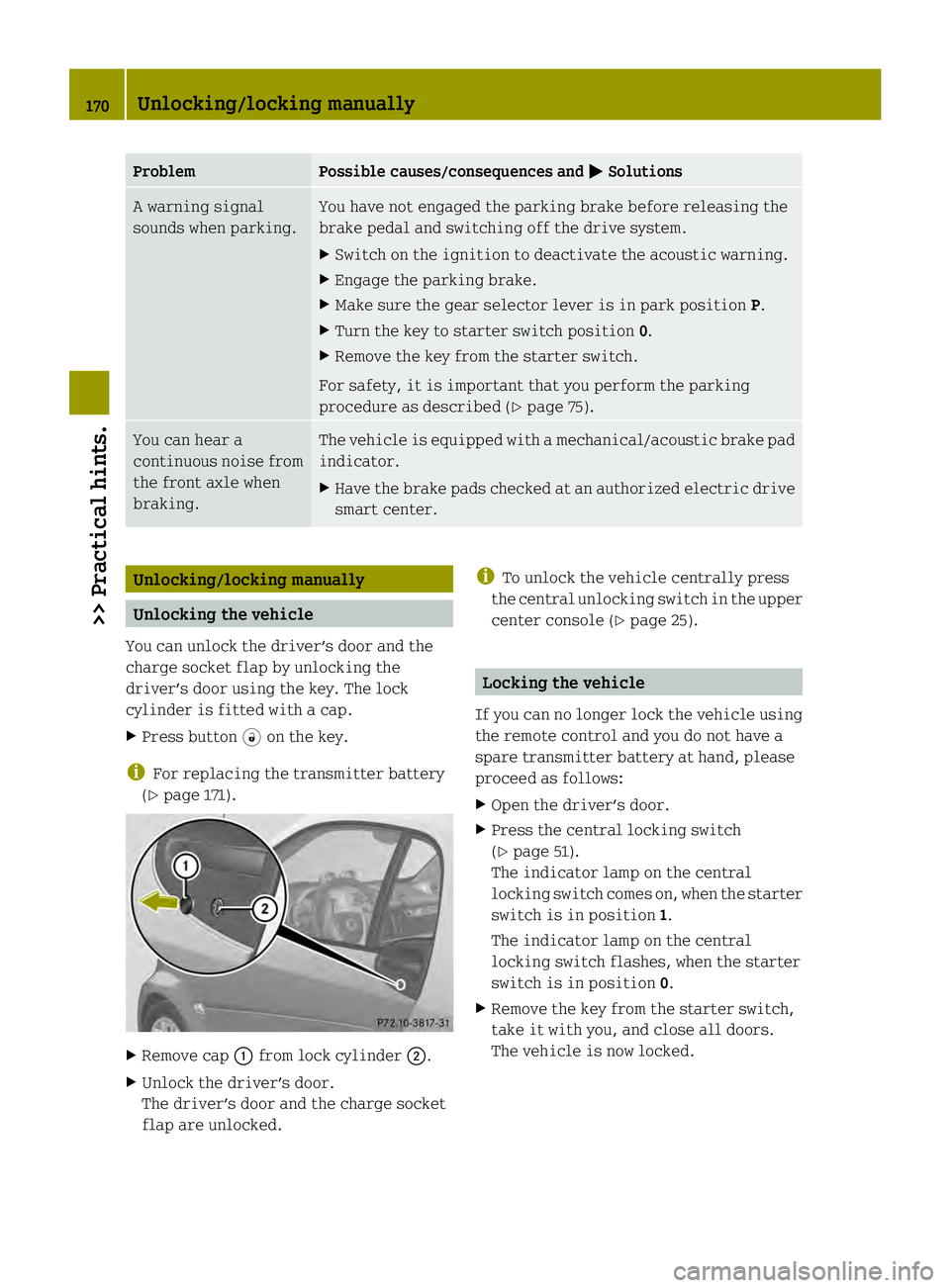 SMART FORTWO COUPE ELECTRIC DRIVE 2013 Owners Manual Problem Possible causes/consequences and
0001 Solutions
A warning signal
sounds when parking. You have not engaged the parking brake before releasing the
brake pedal and switching off the drive system SMART FORTWO COUPE ELECTRIC DRIVE 2013 Owners Manual Problem Possible causes/consequences and
0001 Solutions
A warning signal
sounds when parking. You have not engaged the parking brake before releasing the
brake pedal and switching off the drive system