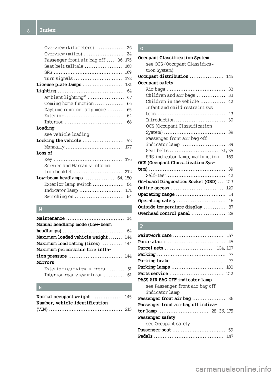 SMART FORTWO COUPE ELECTRIC DRIVE 2014  Owners Manual Overview (kilometers)
................26
Overview (miles) ....................... 24
Passenger front air bag off ....36, 175
Seat belt telltale .....................168
SRS ...........................