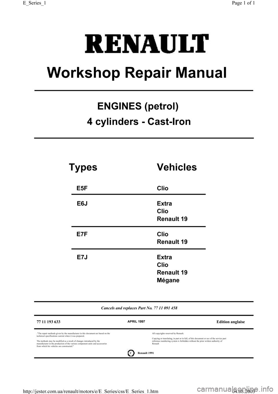 RENAULT CLIO 1997 X57 / 1.G Petrol Engines Workshop Manual 