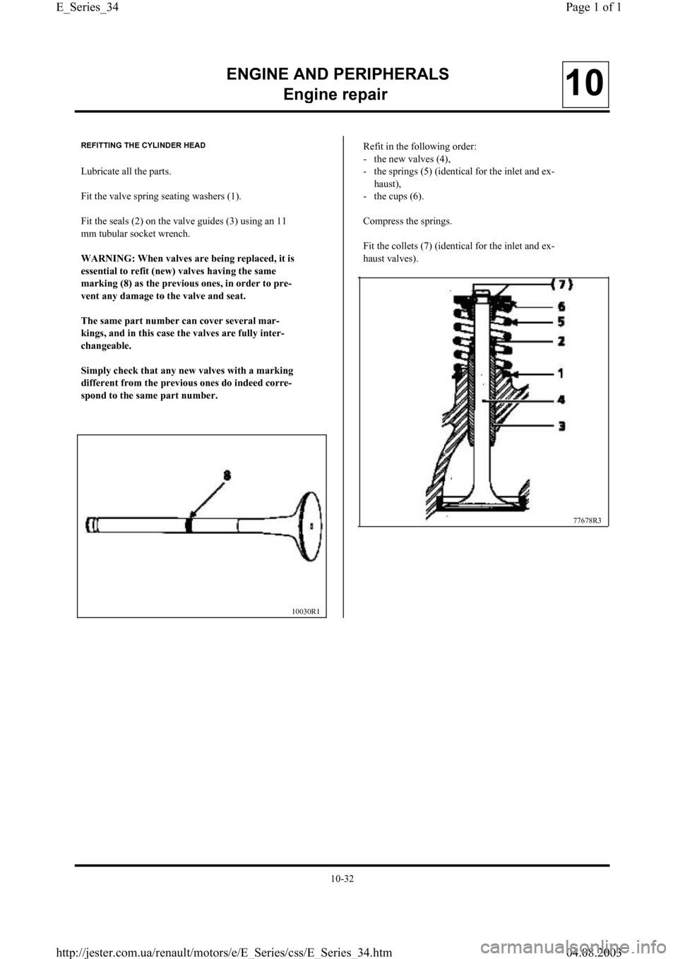 RENAULT CLIO 1997 X57 / 1.G Petrol Engines Workshop Manual ENGINE AND PERIPHERALS
En
gine repair10
REFITTING THE CYLINDER HEAD
Lubricate all the parts.
Fit the valve spring seating washers (1).
Fit the seals (2) on the valve guides (3) using an 11
mm tubular 