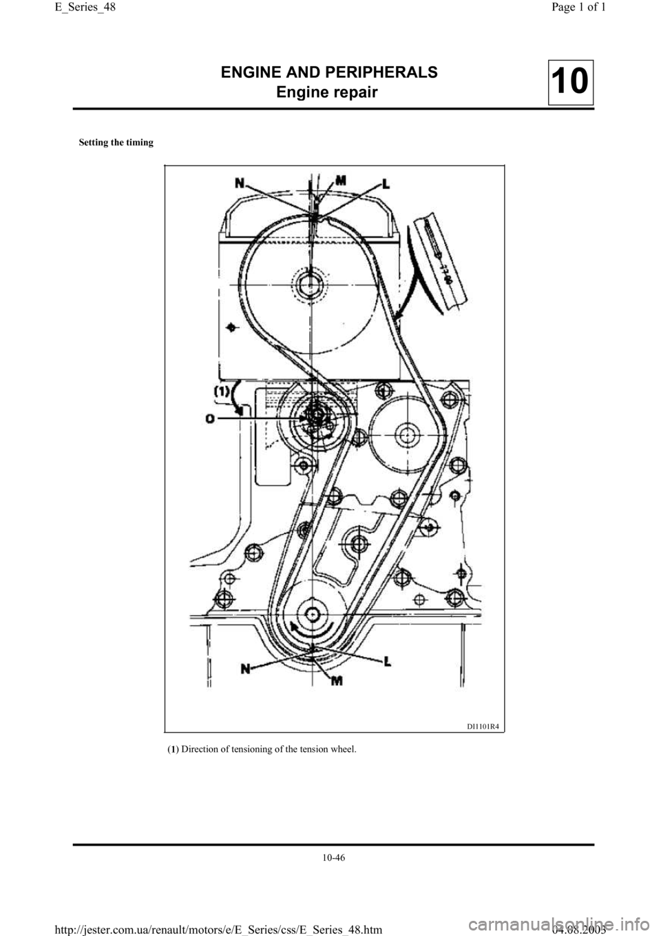 RENAULT CLIO 1997 X57 / 1.G Petrol Engines Service Manual ENGINE AND PERIPHERALS
En
gine repair10
Setting the timing
DI1101R4
(
1) Direction of tensioning of the tension wheel.
10-46
Page 1 of 1 E_Series_48
04.08.2003 http://jester.com.ua/renault/motors/e/E_