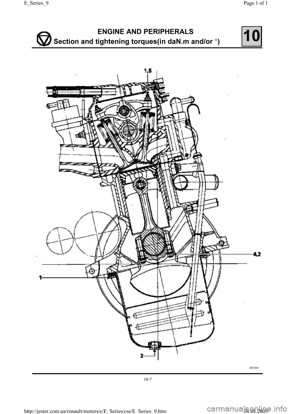 RENAULT CLIO 1997 X57 / 1.G Petrol Engines Workshop Manual ENGINE AND PERIPHERALS
Section and ti
ghtening torques(in daN.m and/or °)10
DI1045
10-7
Page 1 of 1 E_Series_9
04.08.2003 http://jester.com.ua/renault/motors/e/E_Series/css/E_Series_9.htm 