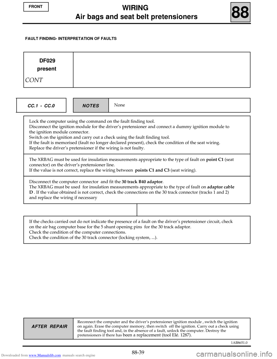 RENAULT CLIO 1999 X65 / 2.G Air Bag And Seat Belts Service Manual Downloaded from www.Manualslib.com manuals search engine 1AB8651.0
AFTER REPAIR
NoneNOTES CC.1 - CC.0
DF029
present
CONT
Reconnect the computer and the driver’s pretensioner ignition module , switch