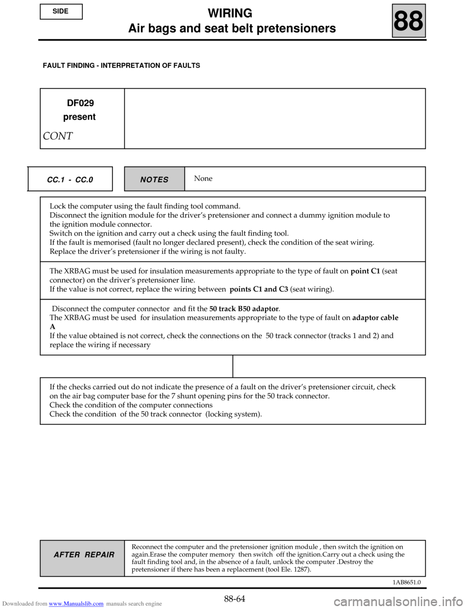 RENAULT CLIO 1999 X65 / 2.G Air Bag And Seat Belts Repair Manual Downloaded from www.Manualslib.com manuals search engine 1AB8651.0
AFTER REPAIR
NoneNOTES CC.1 - CC.0
DF029
present
CONT
Reconnect the computer and the pretensioner ignition module , then switch the i RENAULT CLIO 1999 X65 / 2.G Air Bag And Seat Belts Repair Manual Downloaded from www.Manualslib.com manuals search engine 1AB8651.0
AFTER REPAIR
NoneNOTES CC.1 - CC.0
DF029
present
CONT
Reconnect the computer and the pretensioner ignition module , then switch the i