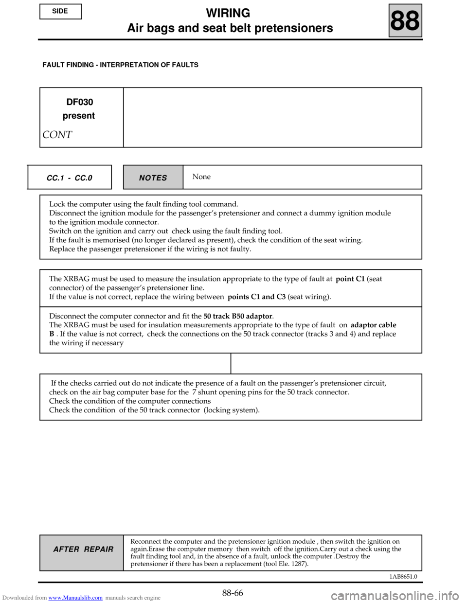 RENAULT CLIO 1999 X65 / 2.G Air Bag And Seat Belts Service Manual Downloaded from www.Manualslib.com manuals search engine 1AB8651.0
AFTER REPAIR
NoneNOTES CC.1 - CC.0
DF030
present
CONT
Lock the computer using the fault finding tool command.
Disconnect the ignition