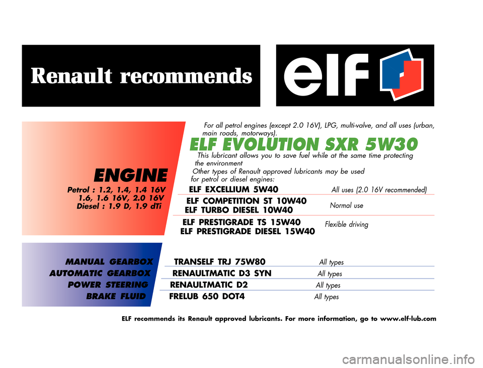 RENAULT CLIO 2000 X65 / 2.G Owners Manual ELF EVOLUTION SXR 5W30
	
       
X65 - CLIOC:\Documentum\Checkout_47\Nu607-8gb_T1.WIN 12/10/2000 16:22-page2
Renault recommends
ENGINE
Petrol : 1.2, 1.4, 1.4 16