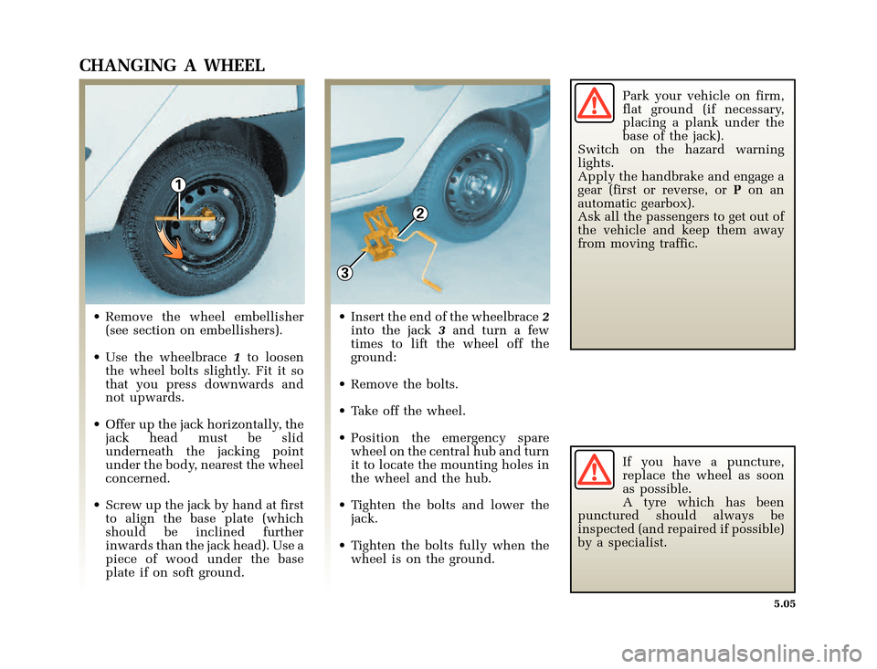 RENAULT CLIO 2000 X65 / 2.G Owners Manual 1
3
2
�1�8������I�U�B�*��D��T�[�G� � ��������� � ������ � �3�D�J�H� ����
X65 - CLIOC:\Documentum\Checkout_47\Nu607-8gb_T5.WIN 16/10/2000 11:24-page5
5.05
CHANGING A WHEE