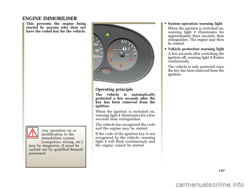 RENAULT CLIO 2000 X65 / 2.G User Guide 1
	
       
X65 - CLIOC:\Documentum\Checkout_47\Nu607-8gb_T1.WIN 12/10/2000 16:22-page15
1.07
ENGINE IMMOBILISER
This prevents the engine being
started by an