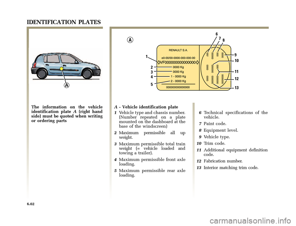 RENAULT CLIO 2000 X65 / 2.G Owners Manual A
2
3
4
5 19
10
11
12
13
A
6
7
8
�1�8������I�U�B�*��D��T�[�G� � ��������� � ������ � �3�D�J�H� ����
X65 - CLIOC:\Documentum\Checkout_47\Nu607-8gb_T6.WIN 16/10/2000 11:26