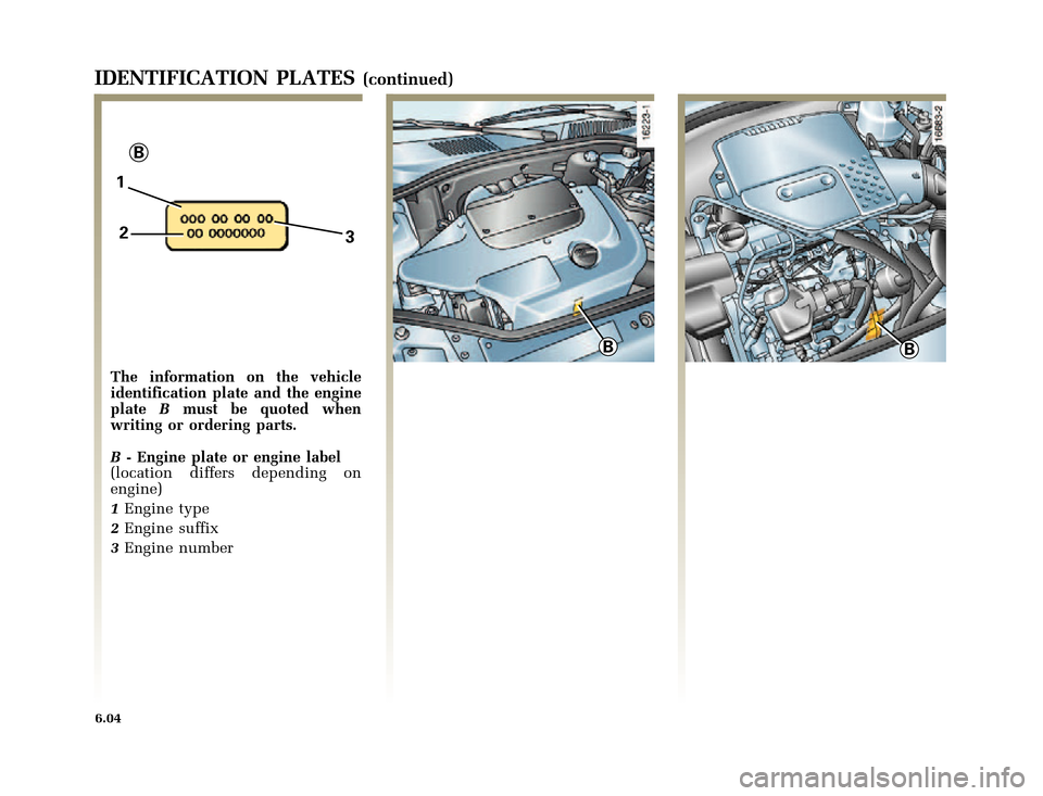 RENAULT CLIO 2000 X65 / 2.G Owners Manual BB
1
3
B
2
�1�8������I�U�B�*��D��T�[�G� � ��������� � ������ � �3�D�J�H� ����
X65 - CLIOC:\Documentum\Checkout_47\Nu607-8gb_T6.WIN 16/10/2000 11:26-page4
6.04
IDENTIFICA