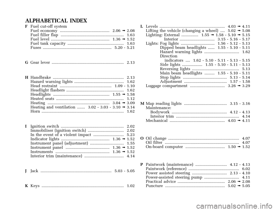 RENAULT CLIO 2000 X65 / 2.G Owners Manual �1�8������I�U�B�*��D��T�[�G� � ��������� � ������ � �3�D�J�H� ����
X65 - CLIOC:\Documentum\Checkout_47\Nu607-8gb_T6.WIN 16/10/2000 11:26-page17
ALPHABETICAL INDEX
FFuel 