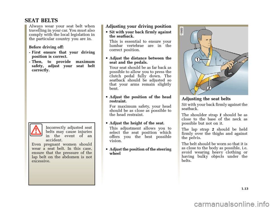 RENAULT CLIO 2000 X65 / 2.G Owners Manual 1
2
	
       
X65 - CLIOC:\Documentum\Checkout_47\Nu607-8gb_T1.WIN 12/10/2000 16:22-page21
1.13
SEAT BELTS
Always wear your seat belt when
travelling in your