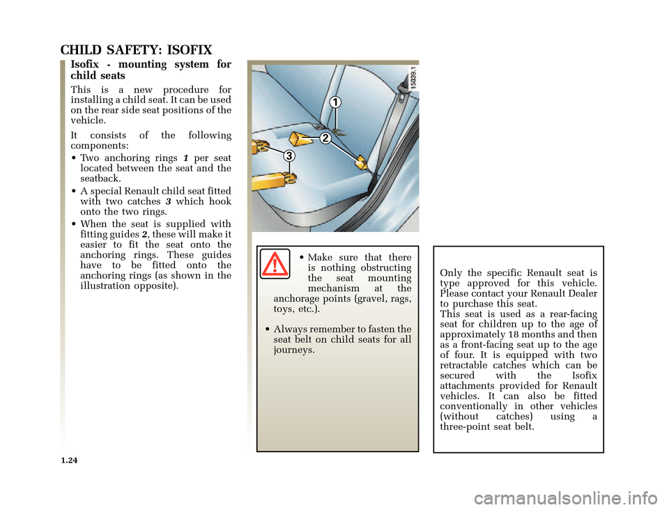 RENAULT CLIO 2000 X65 / 2.G Owners Manual 1
3
2
	
       
X65 - CLIOC:\Documentum\Checkout_47\Nu607-8gb_T1.WIN 12/10/2000 16:22-page32
1.24
CHILD SAFETY: ISOFIX
Isofix - mounting system for
child seat