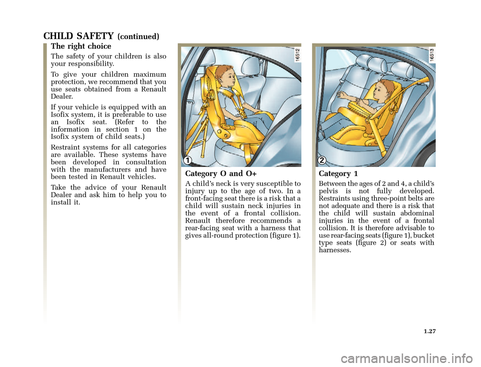 RENAULT CLIO 2000 X65 / 2.G Owners Guide 12
	
       
X65 - CLIOC:\Documentum\Checkout_47\Nu607-8gb_T1.WIN 12/10/2000 16:22-page35
1.27
CHILD SAFETY(continued)
The right choice
The safety of your chi