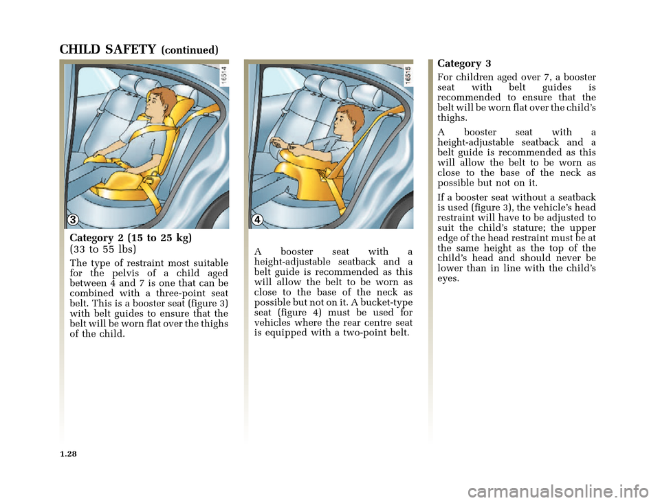 RENAULT CLIO 2000 X65 / 2.G Owners Guide 34
	
       
X65 - CLIOC:\Documentum\Checkout_47\Nu607-8gb_T1.WIN 12/10/2000 16:22-page36
1.28
CHILD SAFETY(continued)
Category 2 (15 to 25 kg)
(33to55lbs)
Th