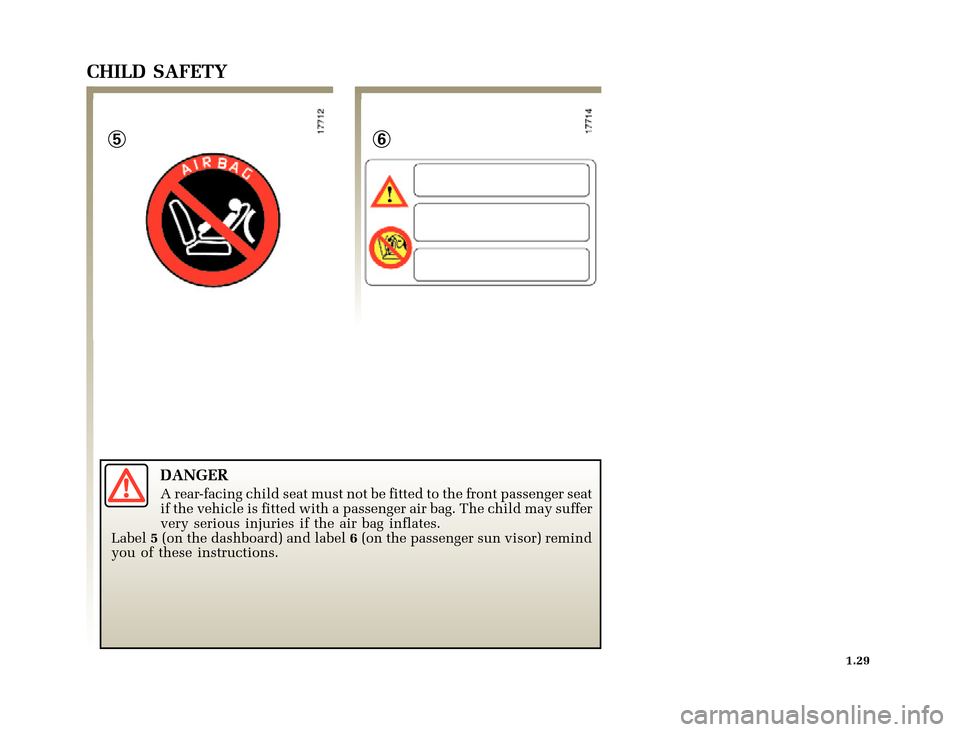 RENAULT CLIO 2000 X65 / 2.G Owners Manual 56
	
       
X65 - CLIOC:\Documentum\Checkout_47\Nu607-8gb_T1.WIN 12/10/2000 16:22-page37
1.29
CHILD SAFETY
DANGER
A rear-facing child seat must not be fitted