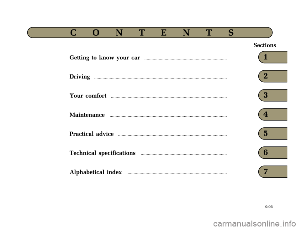 RENAULT CLIO 2000 X65 / 2.G Owners Manual 	
       
X65 - CLIOC:\Documentum\Checkout_47\Nu607-8gb_T1.WIN 12/10/2000 16:22-page5
0.03
CONTENTS
Sections
1
2
3
4
5
6
7Getting to know your car...........