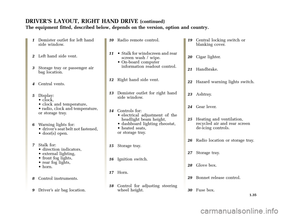 RENAULT CLIO 2000 X65 / 2.G Owners Manual 	
       
X65 - CLIOC:\Documentum\Checkout_47\Nu607-8gb_T1.WIN 12/10/2000 16:22-page43
1.35
DRIVER’S LAYOUT, RIGHT HAND DRIVE(continued)
The equipment fitte