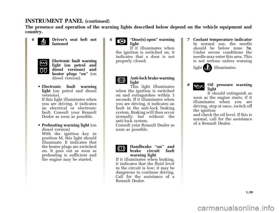 RENAULT CLIO 2000 X65 / 2.G Service Manual 	
       
X65 - CLIOC:\Documentum\Checkout_47\Nu607-8gb_T1.WIN 12/10/2000 16:22-page47
1.39
INSTRUMENT PANEL(continued)
The presence and operation of the warn