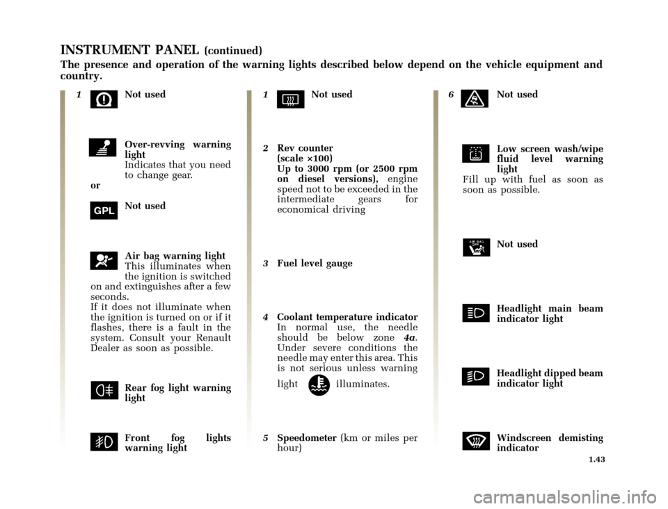 RENAULT CLIO 2000 X65 / 2.G Workshop Manual 	
       
X65 - CLIOC:\Documentum\Checkout_47\Nu607-8gb_T1.WIN 12/10/2000 16:22-page51
1.43
INSTRUMENT PANEL(continued)
The presence and operation of the warn