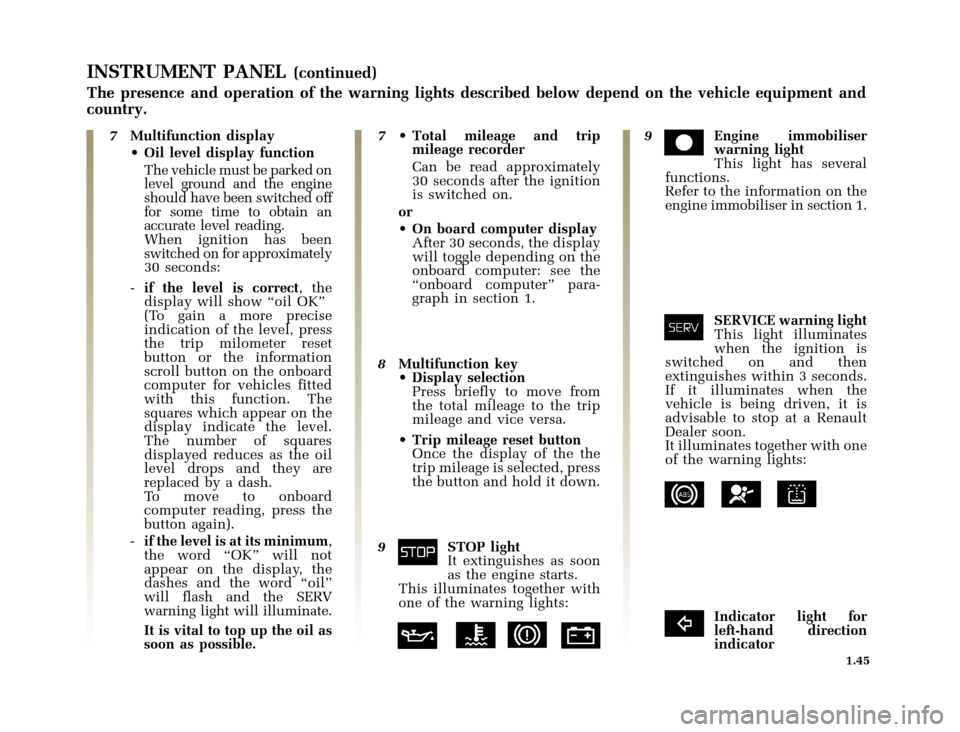 RENAULT CLIO 2000 X65 / 2.G Workshop Manual 	
       
X65 - CLIOC:\Documentum\Checkout_47\Nu607-8gb_T1.WIN 12/10/2000 16:22-page53
1.45
INSTRUMENT PANEL(continued)
The presence and operation of the warn