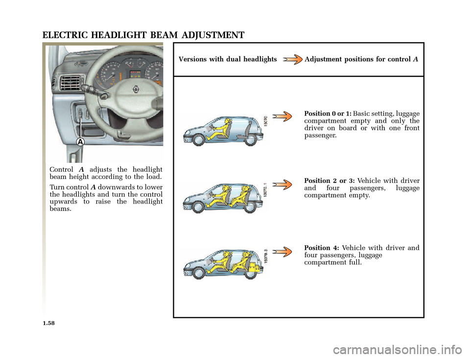 RENAULT CLIO 2000 X65 / 2.G Owners Manual A
	
       
X65 - CLIOC:\Documentum\Checkout_47\Nu607-8gb_T1.WIN 12/10/2000 16:22-page66
1.58
ELECTRIC HEADLIGHT BEAM ADJUSTMENT
ControlAadjusts the headligh