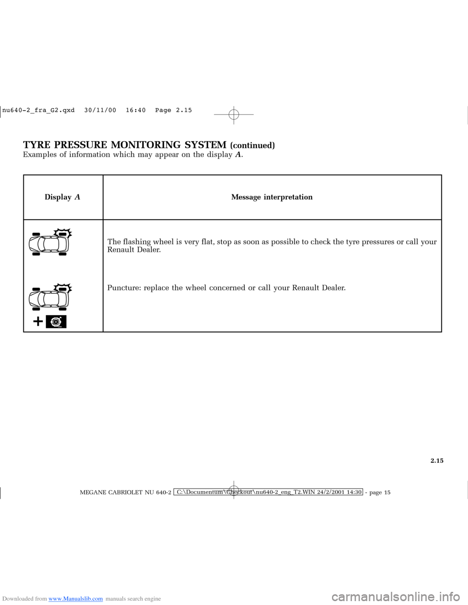 RENAULT MEGANE 2000 X64 / 1.G Owners Manual Downloaded from www.Manualslib.com manuals search engine �Q�X������B�I�U�D�B�*���T�[�G� � ��������� � ������ � �3�D�J�H� ����
MEGANE CABRIOLET NU 640-2C:\Documentum\Chec