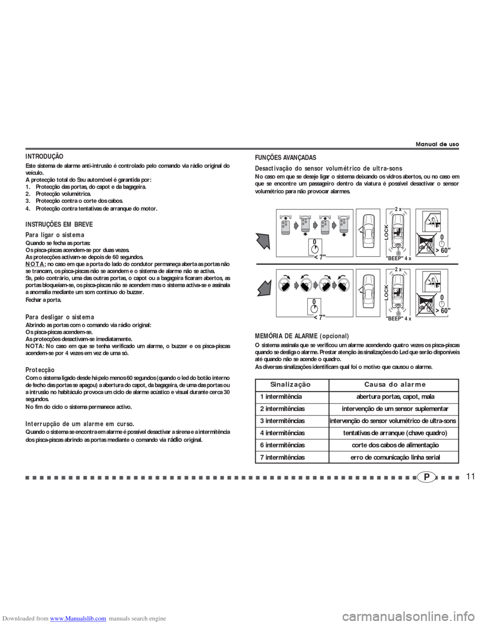 RENAULT CLIO 2002 X65 / 2.G Alarm 7895-7897 User Guide Downloaded from www.Manualslib.com manuals search engine 11P
Manual de uso Manual de usoManual de uso Manual de uso
Manual de uso
INTRODUÇÃO
Este sistema de alarme anti-intrusão é controlado pelo 