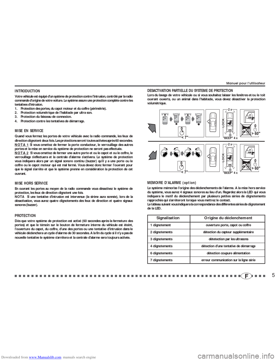 RENAULT CLIO 2002 X65 / 2.G Alarm 7895-7897 User Manual Downloaded from www.Manualslib.com manuals search engine 5F
INTRODUCTIONVotre véhicule est équipé d’un système de protection contre l’intrusion, contrôlé par la radio
commande d’origine de