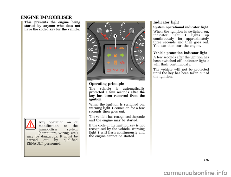 RENAULT CLIO 2003 X65 / 2.G User Guide 1
�Q�X������B�I�U�D�B�*���T�[�G� � ��������� � ������ � �3�D�J�H� ����
nu654-6 - CLIO IIC:\Documentum\Checkout
u654-6_eng_T1.WIN 4/11/2002 13:44-page15
1.07
ENGINE IMMOB