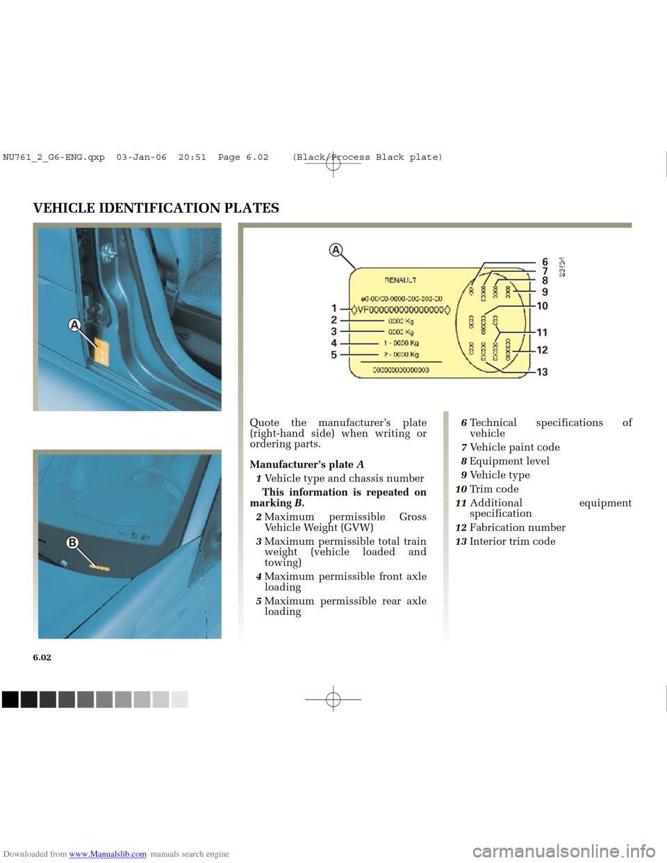RENAULT MEGANE 2005 X84 / 2.G Owners Manual Downloaded from www.Manualslib.com manuals search engine 
A

B

1
2
3
4
56
7
8
9
10
11
12
13

A

NU761_2_G6-FRA.qxd  4/11/05  11:10  Page 6.02
6.02
Quote the manufacturer’s plate
(right-hand side) w