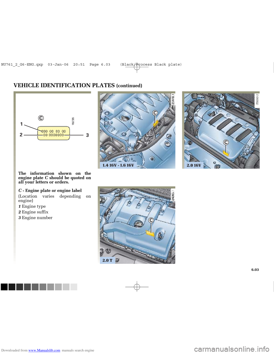 RENAULT MEGANE 2005 X84 / 2.G Owners Manual Downloaded from www.Manualslib.com manuals search engine 
3

C

C
1.4 16V - 1.6 16V 
1
2

C
2.0 16V

2.0 T

C

NU761_2_G6-FRA.qxd  4/11/05  11:10  Page 6.03
6.03
VEHICLE IDENTIFICATION PLATES (continu
