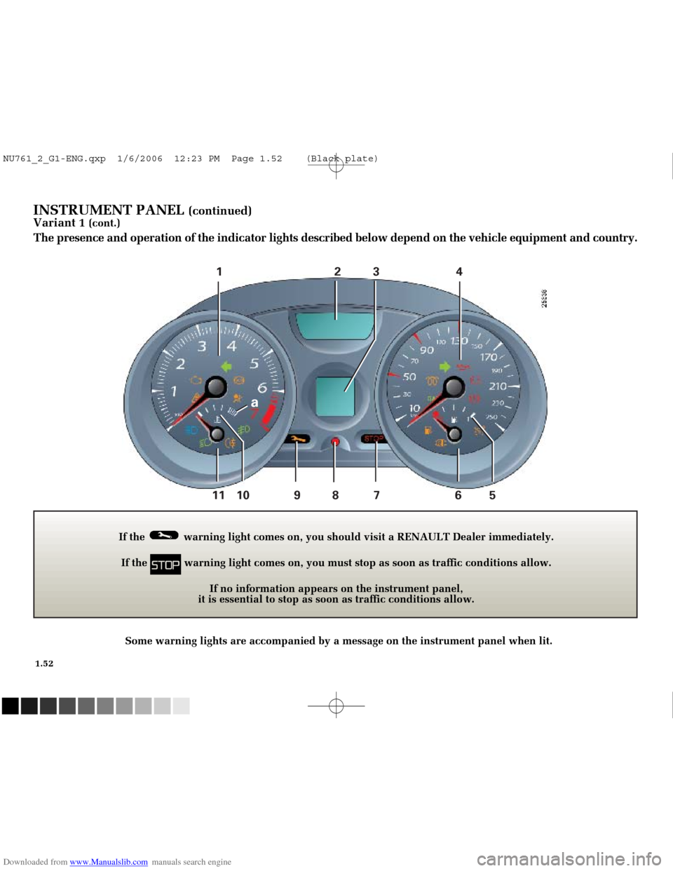 RENAULT MEGANE 2005 X84 / 2.G Repair Manual Downloaded from www.Manualslib.com manuals search engine 
1234

11 10 9 8 7 6 5
a

NU761_2_G1-FRA.qxd  10/11/05  15:54  Page 1.52
1.52
INSTRUMENT PANEL (continued)
Variant 1 (cont.)
The presence and o