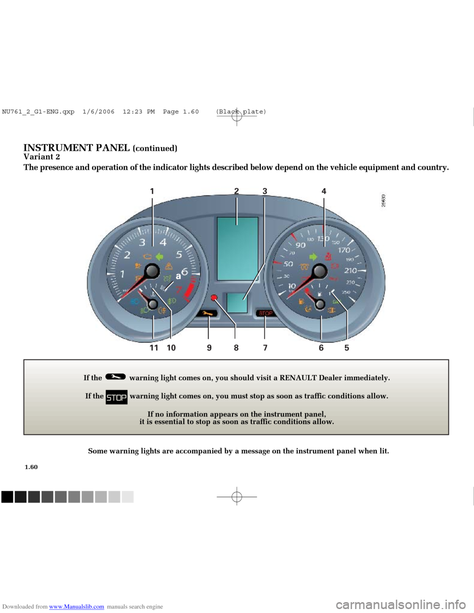 RENAULT MEGANE 2005 X84 / 2.G Repair Manual Downloaded from www.Manualslib.com manuals search engine 
1234

11 10 9 8 7 6 5
a

NU761_2_G1-FRA.qxd  10/11/05  15:54  Page 1.60
1.60
INSTRUMENT PANEL (continued)
Variant 2
The presence and operation