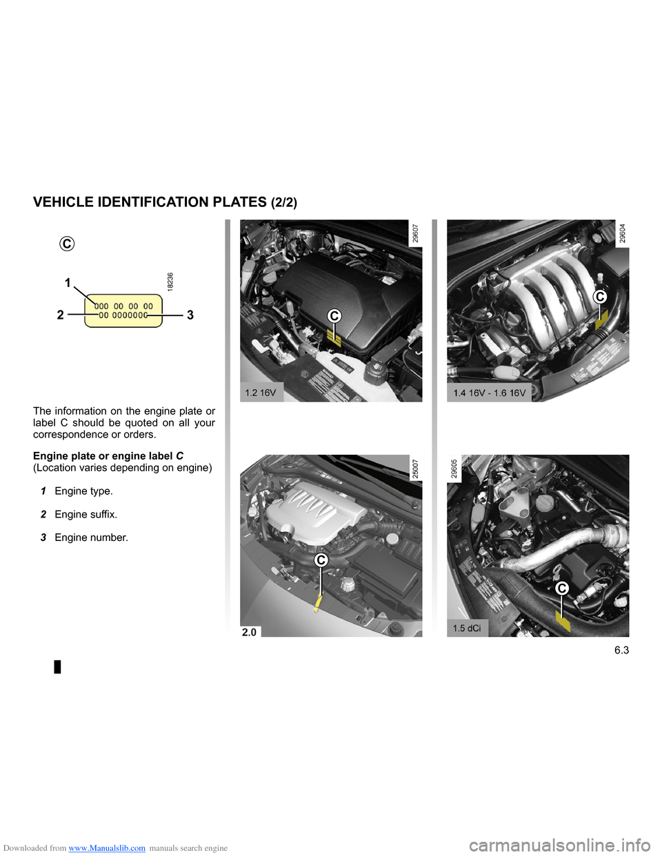 RENAULT CLIO 2009 X85 / 3.G Owners Manual Downloaded from www.Manualslib.com manuals search engine 
JauneNoirNoir texte

6.3
ENG_UD15290_2Plaques d identification (X85 - B85 - C85 - S85 - K85 - Renault)ENG_NU_853-3_BCSK85_Renault_6

The  info