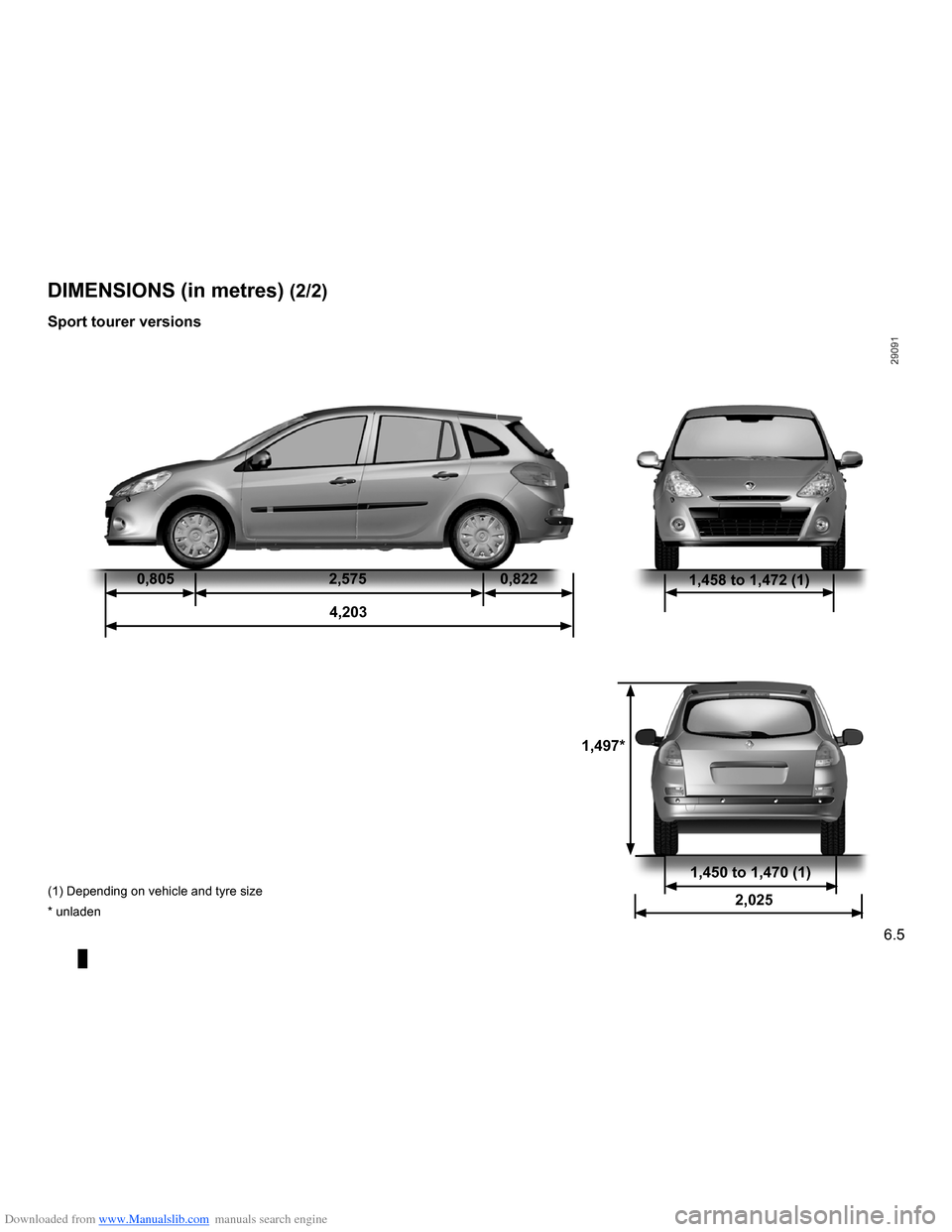 RENAULT CLIO 2009 X85 / 3.G Owners Manual Downloaded from www.Manualslib.com manuals search engine 
JauneNoirNoir texte

6.5
ENG_UD13300_2Dimensions (en mètres) (X85 - B85 - C85 - S85 - K85 - Renault)ENG_NU_853-3_BCSK85_Renault_6

1,450 to 1
