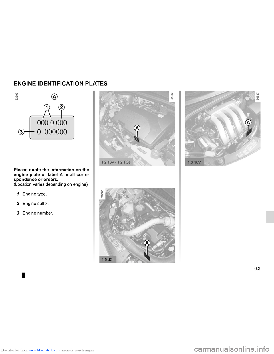 RENAULT CLIO 2012 X85 / 3.G Owners Manual Downloaded from www.Manualslib.com manuals search engine 6.3
ENG_UD24925_5
Plaques d’identification moteur (X85 - B85 - C85 - S85 - K85 - Renau\
lt)
ENG_NU_853-7_BCSK85_Renault_6
please  quote  the 