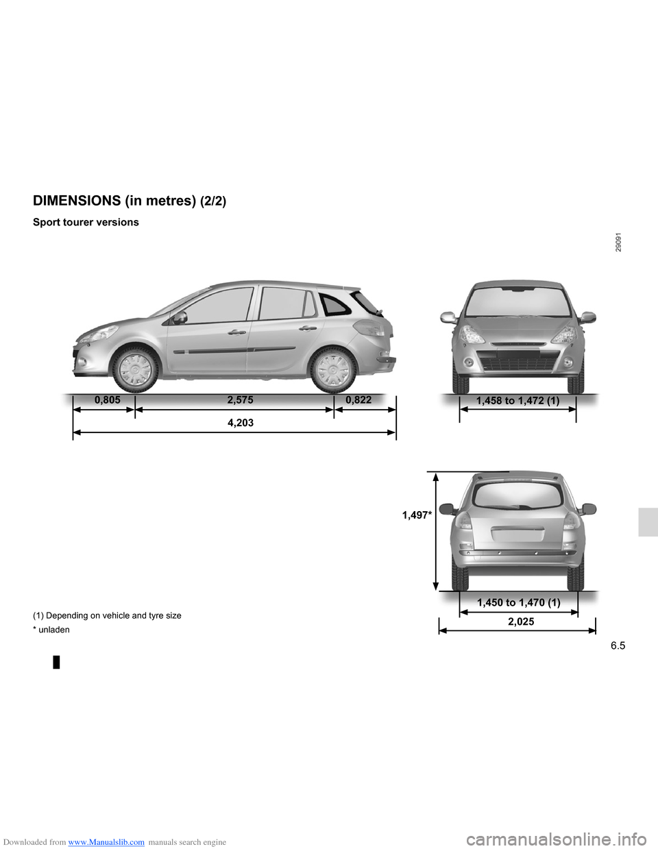 RENAULT CLIO 2012 X85 / 3.G Owners Manual Downloaded from www.Manualslib.com manuals search engine JauneNoirNoir texte
6.5
ENG_UD19795_3
Dimensions (en mètres) (X85 - B85 - C85 - S85 - K85 - Renault)
ENG_NU_853-7_BCSK85_Renault_6
1,450 to 1,