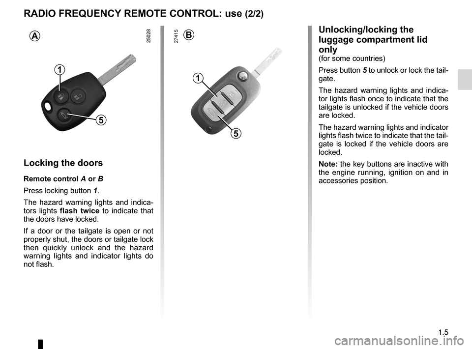 RENAULT CLIO SPORT TOURER 2012 X85 / 3.G User Guide JauneNoirNoir texte
1.5
ENG_UD22280_2
Clé / Télécommande à radiofréquence : utilisation (X85 - B85 - C8\
5 - S85 - K85 - Renault)
ENG_NU_853-8_BCSK85_Renault_1
1
5
Locking the doors
Remote contro