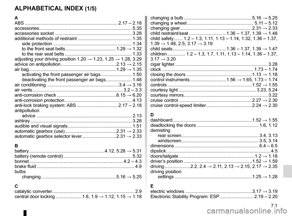 RENAULT CLIO SPORT TOURER 2012 X85 / 3.G Owners Manual 7.1
FRA_UD27585_9
Index (X85 - B85 - C85 - S85 - K85 - Renault)
ENG_NU_853-8_BCSK85_Renault_7
AlphAbeticAl index (1/5)
A
ABS  ........................................................................\
