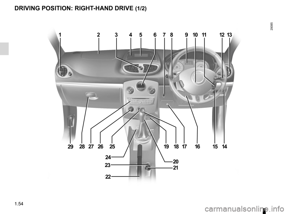 RENAULT CLIO SPORT TOURER 2012 X85 / 3.G Owners Manual controls ................................................. (up to the end of the DU)
driver’s position  .................................... (up to the end of the DU)
dashboard .....................