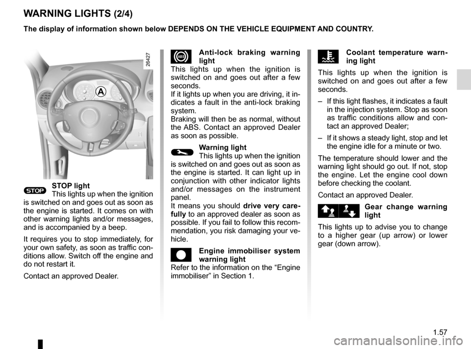 RENAULT CLIO SPORT TOURER 2012 X85 / 3.G Owners Manual JauneNoirNoir texte
1.57
ENG_UD26547_3
Tableau de bord : témoins lumineux (X85 - B85 - C85 - S85 - K85 - Ren\ault)
ENG_NU_853-8_BCSK85_Renault_1
WARNING LIGHTS (2/4)
®STOP light
This lights up when