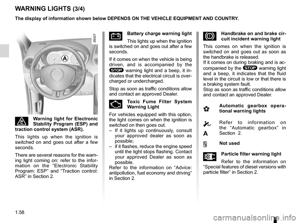 RENAULT CLIO SPORT TOURER 2012 X85 / 3.G Owners Manual 1.58
ENG_UD26547_3
Tableau de bord : témoins lumineux (X85 - B85 - C85 - S85 - K85 - Ren\
ault)
ENG_NU_853-8_BCSK85_Renault_1
Jaune NoirNoir texte
WARNING LIGHTS (3/4)
ùWarning  light  for  Electron