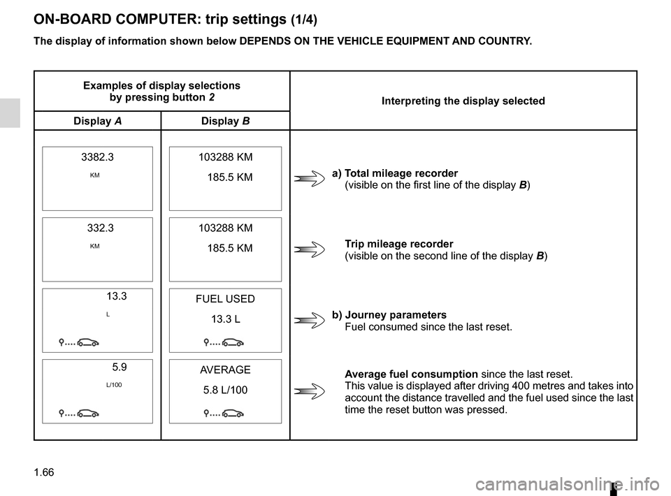 RENAULT CLIO SPORT TOURER 2012 X85 / 3.G Manual PDF 1.66
ENG_UD26845_2
Ordinateur de bord : paramètres de voyage (X85 - B85 - C85 - S85 - K\
85 - Renault)
ENG_NU_853-8_BCSK85_Renault_1
Jaune NoirNoir texte
ON-BOARD COMPUTER: trip settings (1/4)
Exampl