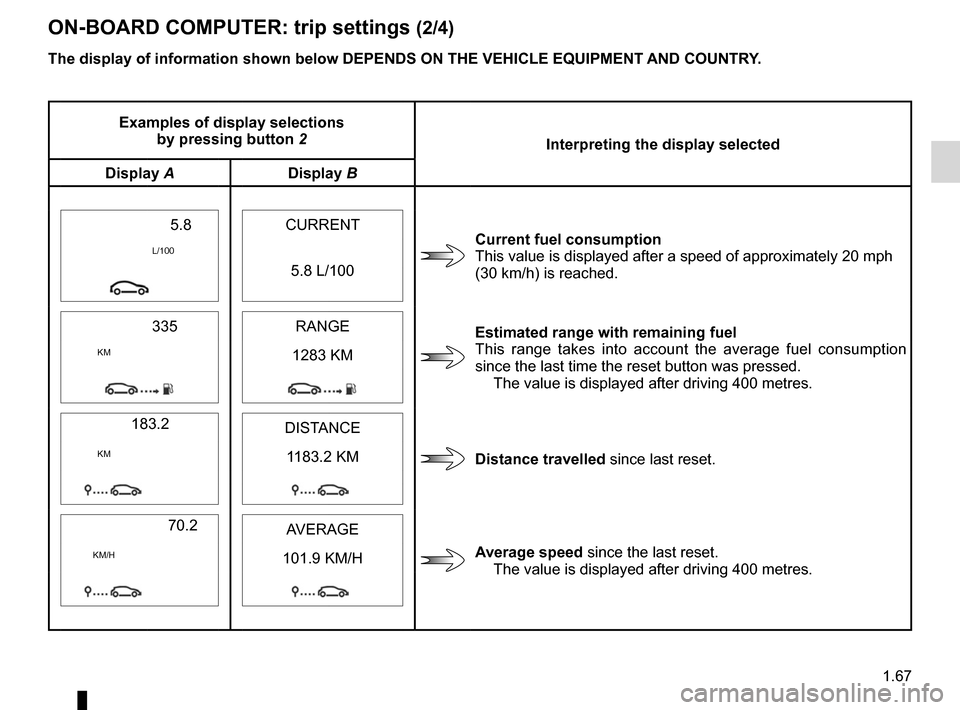 RENAULT CLIO SPORT TOURER 2012 X85 / 3.G Manual PDF JauneNoirNoir texte
1.67
ENG_UD26845_2
Ordinateur de bord : paramètres de voyage (X85 - B85 - C85 - S85 - K\
85 - Renault)
ENG_NU_853-8_BCSK85_Renault_1
ON-BOARD COMPUTER: trip settings (2/4)
Example