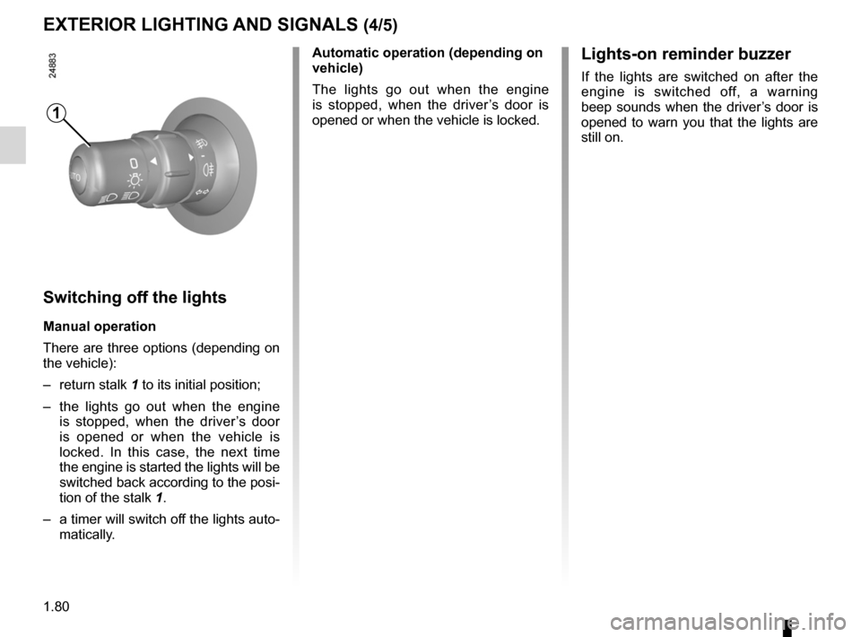 RENAULT CLIO SPORT TOURER 2012 X85 / 3.G Manual Online lights-on warning buzzer........................................ (current page)
1.80
ENG_UD10541_1
Éclairages et signalisations extérieures (X85 - B85 - C85 - S85 -\ K85 - Renault)
ENG_NU_853-8_BCS