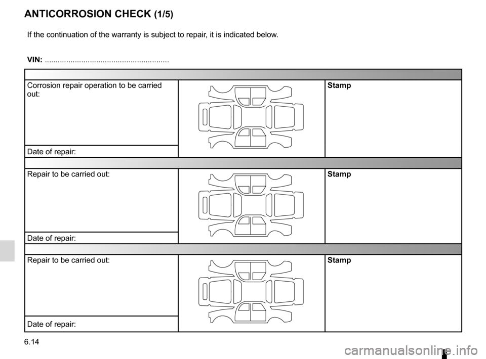 RENAULT ESPACE 2012 J81 / 4.G Owners Manual anti-corrosion check ............................. (up to the end of the DU)
6.14
ENG_UD10911_1
Contrôle anticorrosion (X35 - X44 - X45 - X65 - X73 - X81 - X84 - X8\
5 - X90 - X91 - X70 - X76 - X83 -