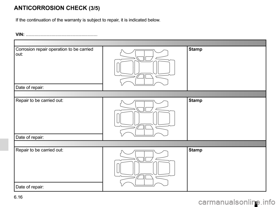 RENAULT ESPACE 2012 J81 / 4.G Owners Manual 6.16
ENG_UD10911_1
Contrôle anticorrosion (X35 - X44 - X45 - X65 - X73 - X81 - X84 - X8\
5 - X90 - X91 - X70 - X76 - X83 - X61 - X24 - X77 ph2 - X95 - X61 BUp - \
X33 - X47 - X43 - X38 - 
ENG_NU_932-