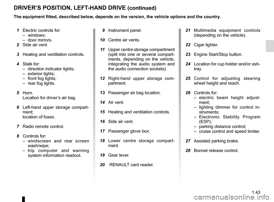 RENAULT ESPACE 2012 J81 / 4.G Owners Manual JauneNoirNoir texte
1.43
ENG_UD24086_2
Poste de conduite à gauche (X81 - J81 - Renault)
ENG_NU_932-3_X81ph3_Renault_1
drIVer’s POsITIOn, LefT-Hand drIVe (continued)
  1  Electric controls for:
– 